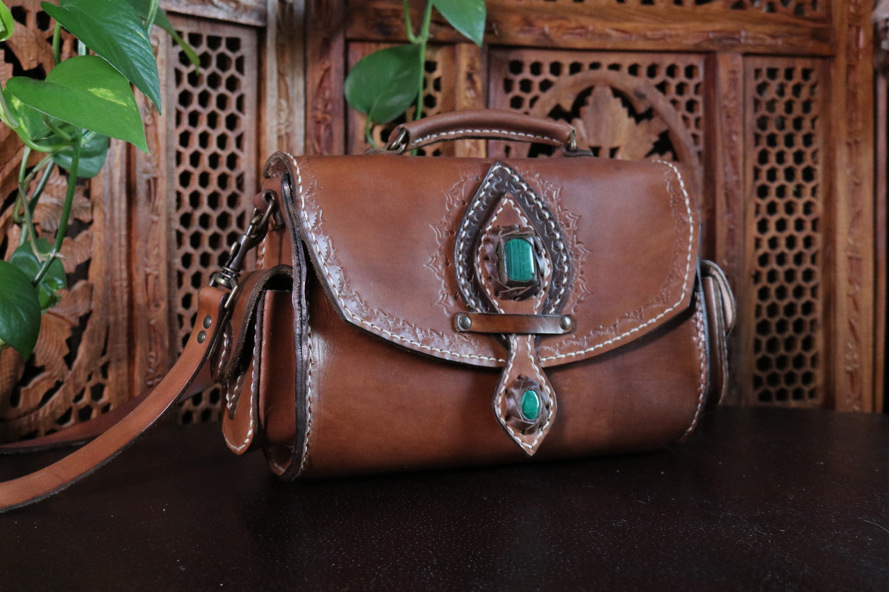 The Compass Bag- Veg Tan & Malachite -Handmade Leather Satchel