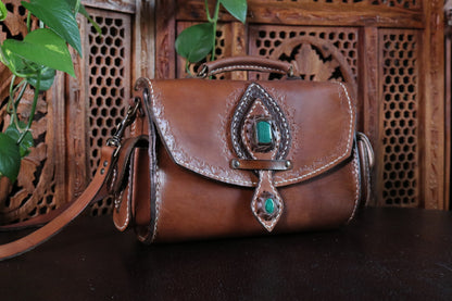 The Compass Bag- Veg Tan & Malachite -Handmade Leather Satchel