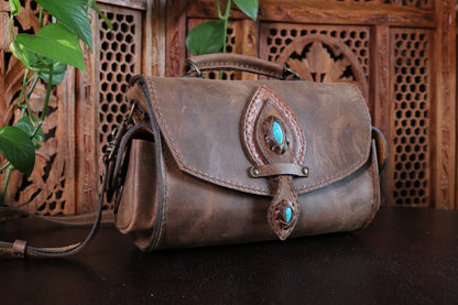 The Compass Bag- Brown & Turquoise -Handmade Leather Satchel