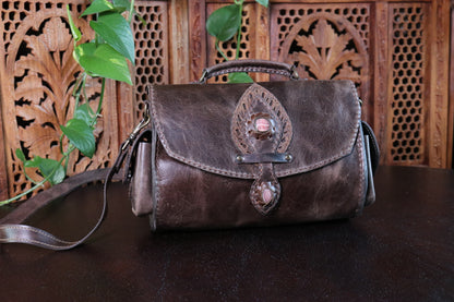 The Compass Bag- Dark Brown & Crazy Lace Agate -Handmade Leather Satchel