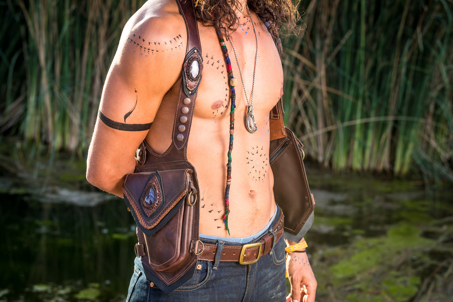 Men's El Viajero Holster | Blue Leather | Labradorite | With Fringe