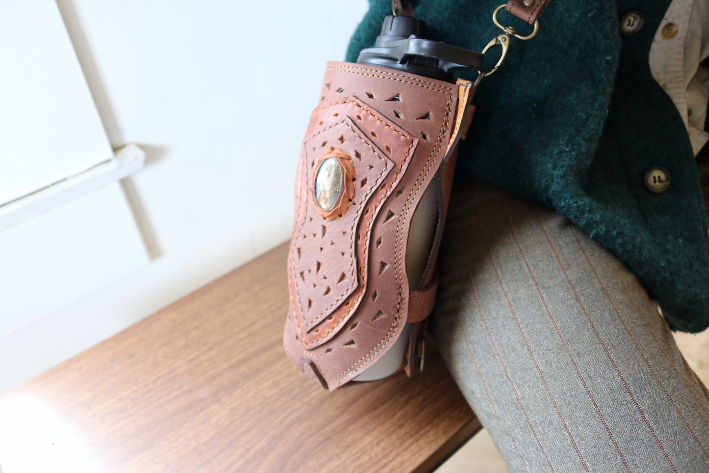 Water Bottle Holster | Brown Leather | Labradorite